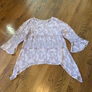 One World Top XL Tunic Bell Sleeve Sheer Eyelet Fairy Lagenlook Whimsigoth Witch